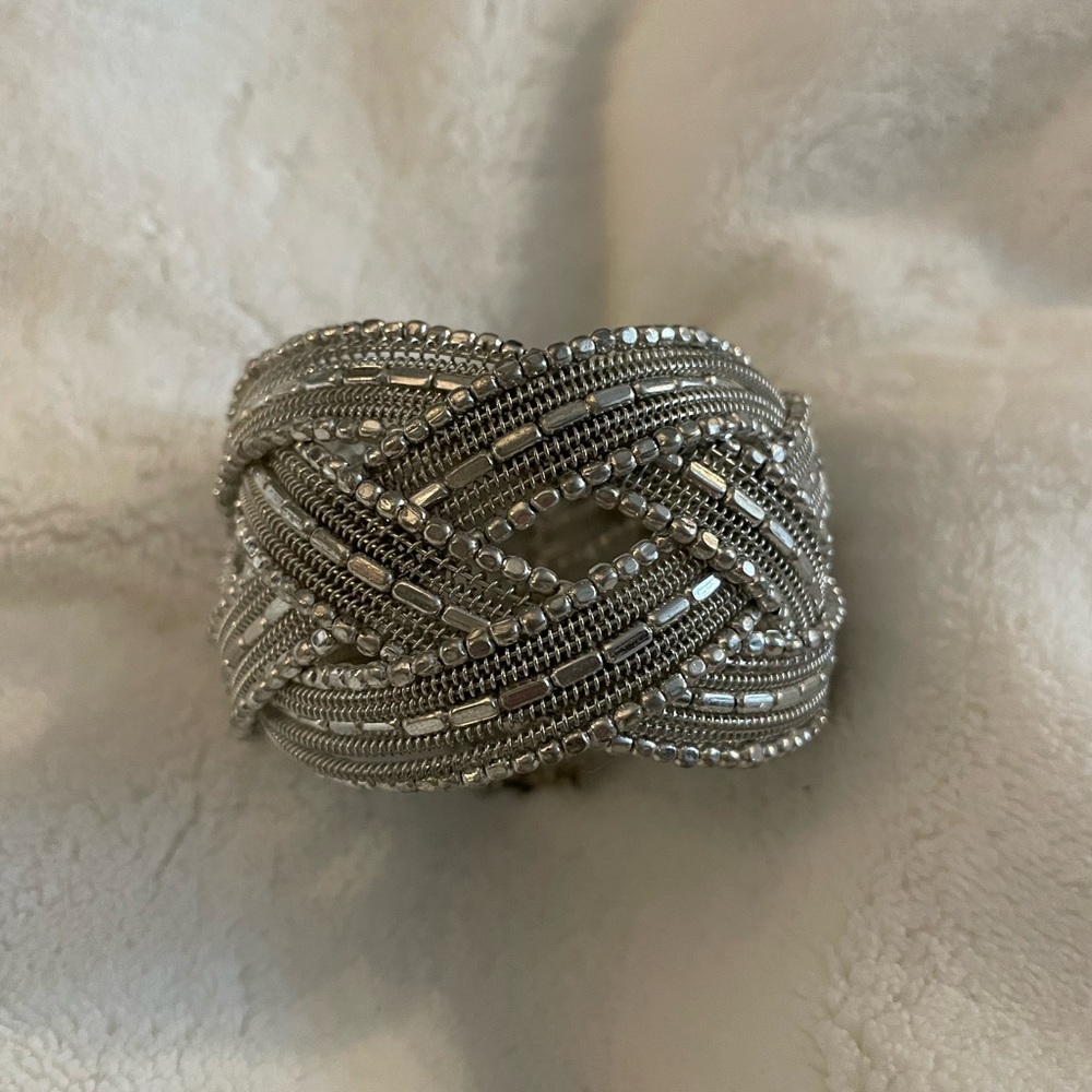 Vintage silver beaded cuff bracelet. 4 sections of overlapping beading/wire